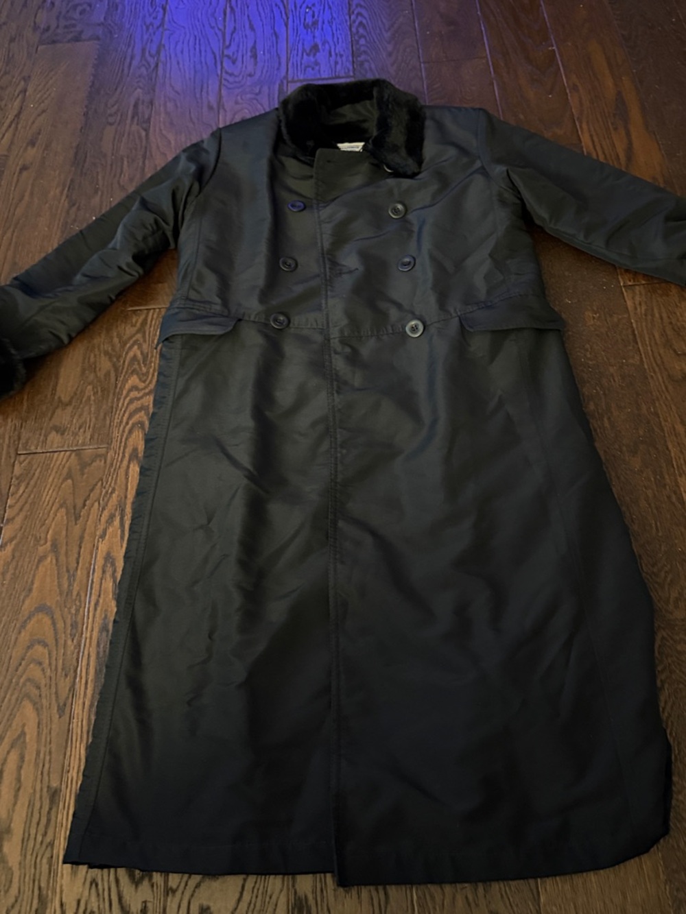 Vintage Marvin Richards Black Double-Breasted Trench Coat with Faux Fur Collar